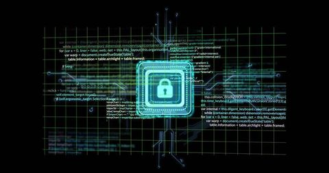 Glowing neon cyan padlock hovering within circuit frames on cyber security grid