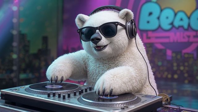 Polar bear dj spinning vinyl on turntables wearing headphones and sunglasses