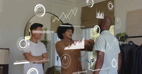 Tailor measuring client with augmented reality overlays in boutique fitting session