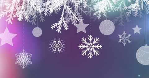 Hanging Christmas Ornaments with Snowflakes Over Violet Background - Download Free Stock Images Pikwizard.com