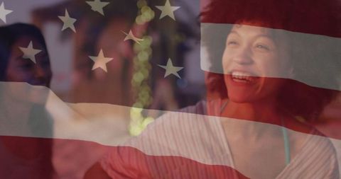 Joyful Conversation on Patio with Flag Overlay Celebrating Friendship