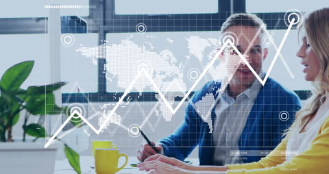 Business Meeting with Global Data Visualization Overlay