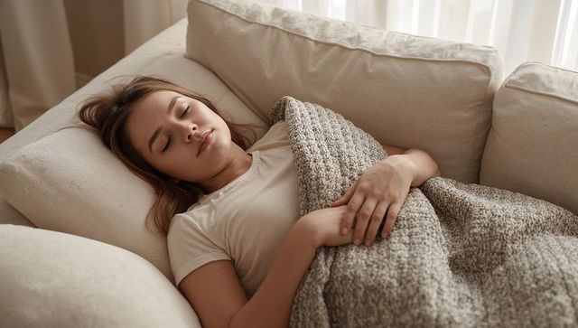 Woman sleeping on cozy beige sofa under knit blanket in sunlit living room