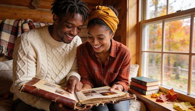 Cozy autumn cabin couple browsing scrapbook by window, smiling, warm rustic home moment