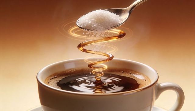 Golden sugar spiral pouring into espresso cup creating swirling coffee ripples, macro