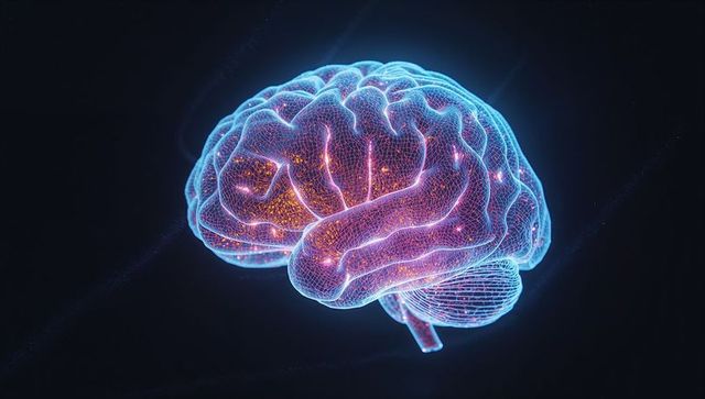 Futuristic neon brain wireframe with glowing neural activity