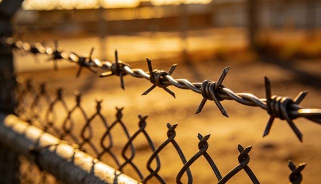 Twisted barbed wire catching golden light over chain-link fence, rust texture, closeup