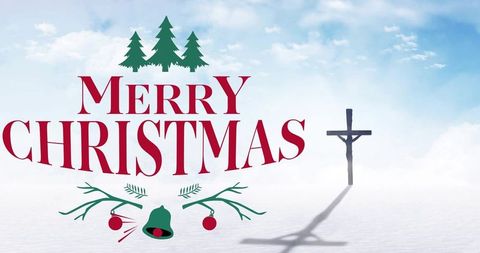 Festive Merry Christmas Text on Winter Snowfield with Pathway Crucifix