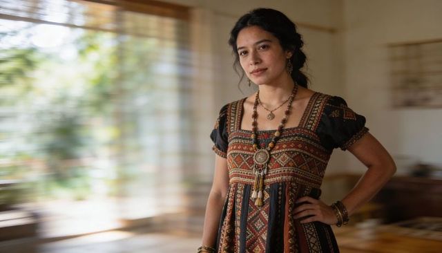 Bohemian woman standing in sunlit room wearing embroidered dress and layered jewelry