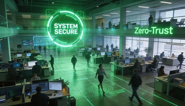Zero-trust office with green holographic security overlay and cybersecurity operations