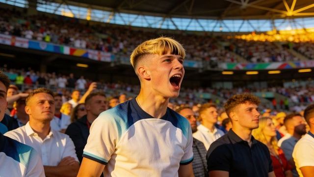 Young male football fan shouting in stadium stands at golden hour, passionate supporter