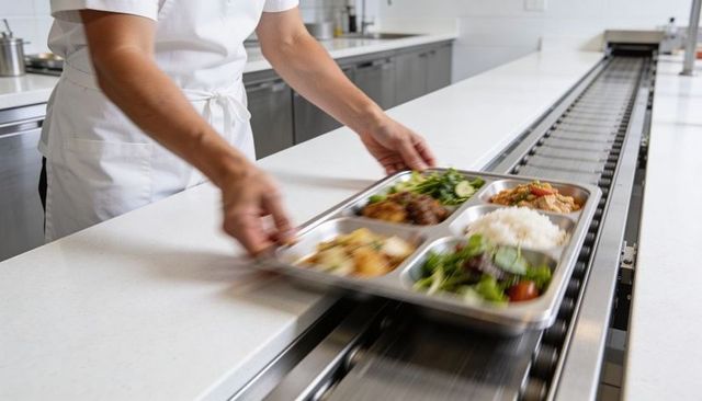 Cafeteria worker loading stainless steel compartment tray onto food conveyor line