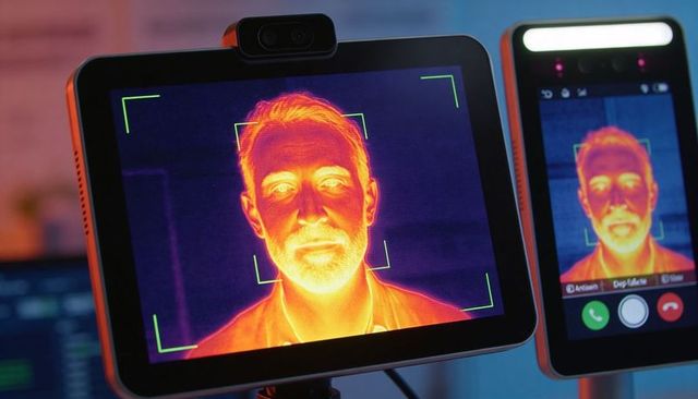 Thermal face scanning monitor showing heatmap and biometric detection in tech workspace