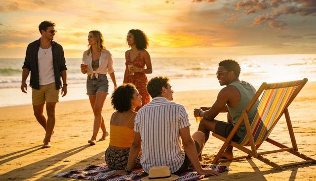 Sunset beach friends chatting and relaxing with drinks on blanket and colorful deckchair
