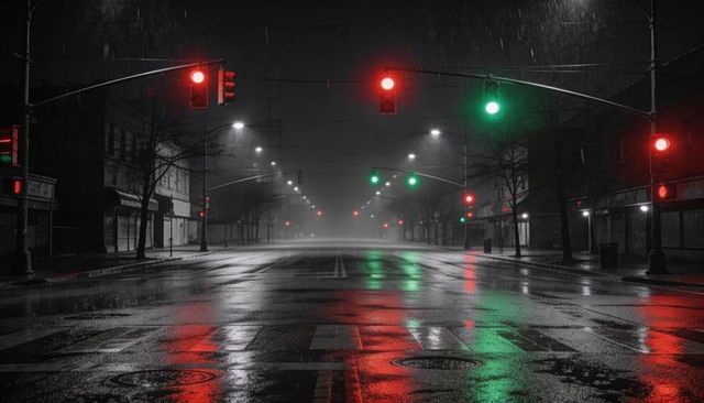 Empty rain-soaked city street reflecting red and green traffic lights at night