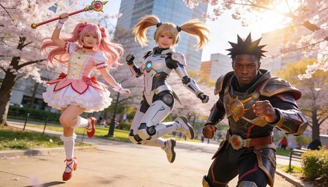 Dynamic cosplay trio jumping under cherry blossoms with magical wand and futuristic armor