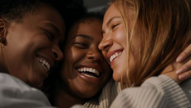 Intimate closeup of three women laughing together embracing friendship warmth and joy