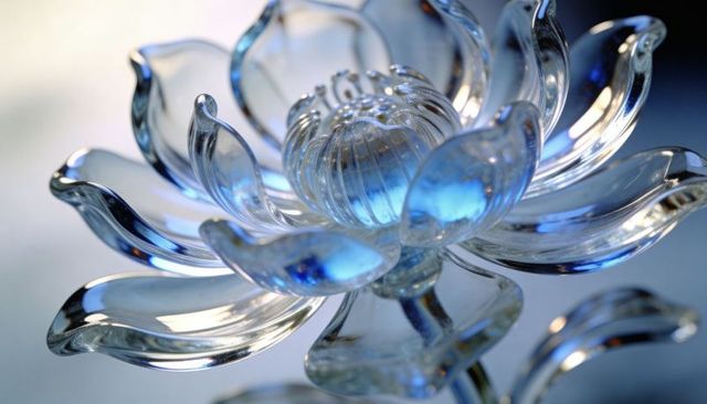 Crystal lotus sculpture with blue reflections, translucent glass flower macro close-up