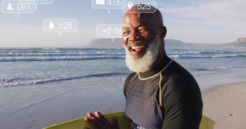 Smiling Senior Surfer with Surfboard on Beach shows Adventure and Connection