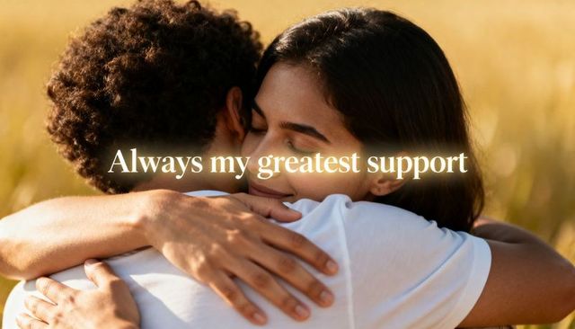 Sunlit golden grasses embrace romantic couple hug conveying warmth, support, serenity