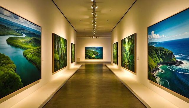 Gallery corridor displaying tropical and coastal landscape paintings lit by warm spotlights