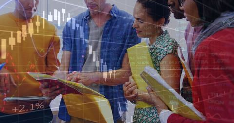 This image illustrates a group of diverse healthcare professionals engaged in a collaborative discussion. The superimposed financial graph elements symbolize the integration of data and technology in medical practices. Useful for depicting themes of innovation, teamwork, and the intersection of healthcare and data analytics in professional settings.