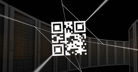 QR Code Overlapping Server Racks Illustrating Data Transfer