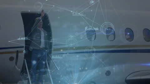 Businessman Waving From Private Jet with Networking Graphics