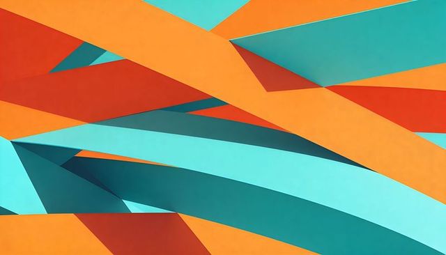 Layered ribbon bands weaving in orange teal cyan with bold geometric depth