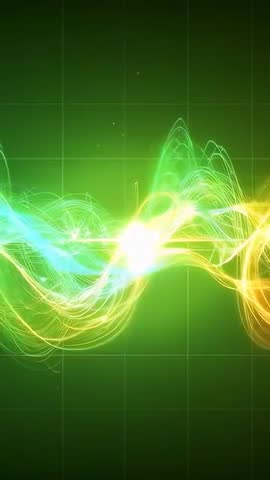 Vertical video flowing neon light ribbons pulsing from teal to yellow across luminous dark grid