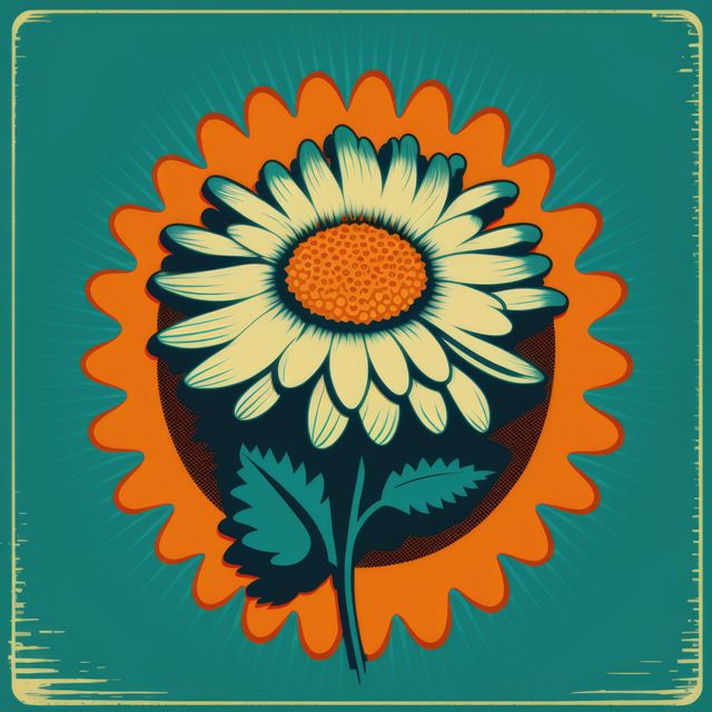 Flower with white petals and orange shape on blue background, created using generative ai technology. Retro, nature and flower concept.