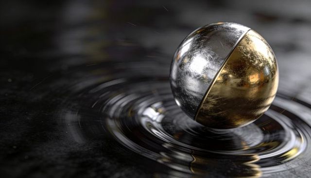 Floating split gold and silver sphere over rippling dark liquid with metallic reflections
