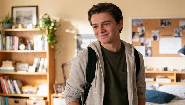 Smiling teen student standing in cozy dorm room wearing gray hoodie and green tee with backpack