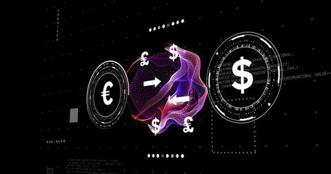 Digital Mesh Sphere with Currency Symbols in Modern Technological Background