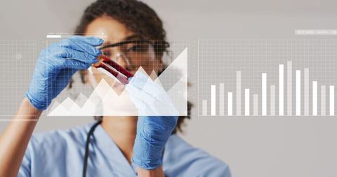 Nurse analyzing blood sample with medical data overlay, lab analytics and diagnostics