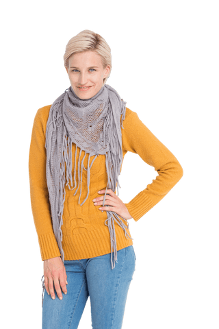 Smiling Woman in Yellow Sweater with Gray Scarf Transparent Background
