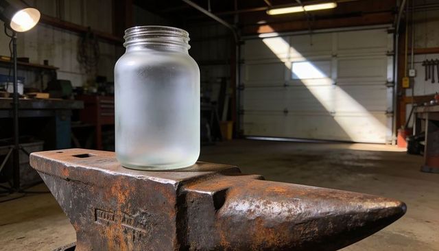 Frosted mason jar resting on rusted anvil in blacksmith workshop with industrial lamp