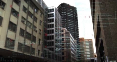 Futuristic Skyscraper with Digital Code Overlay in Cityscape