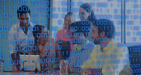 Business Team Collaborating with Futuristic Binary Overlay