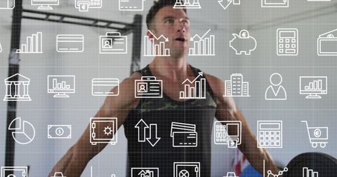 Athletic man with weight bar under digital business icons