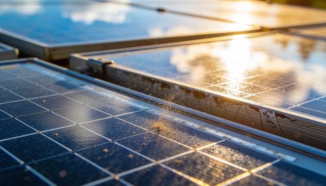 Solar panels reflecting sunrise, capturing low-angle light on dusty rooftop modules