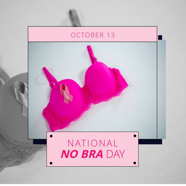 Image of national no bra day over grey background and frame with pink bra. No bra day, health and celebration concept.