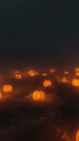 Vertical night pan revealing glowing pumpkin patch with lanterns, autumn harvest mood