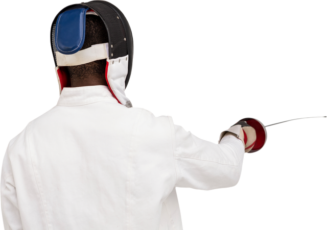 Rear View of Fencer in White Jacket and Mask with Sword, Transparent Background - Download Free Stock Videos Pikwizard.com