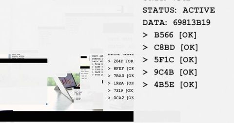 Glitched monochrome data display with laptop on angled stand and code overlay