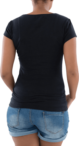Transparent View, Young Woman in Black T-Shirt and Denim Shorts