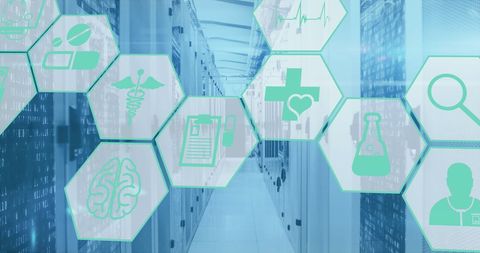 Technological medical icons overlay on server room background