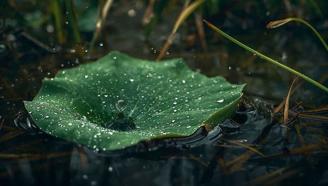 Macro lily pad catching central water splash with dew droplets on glossy green leaf