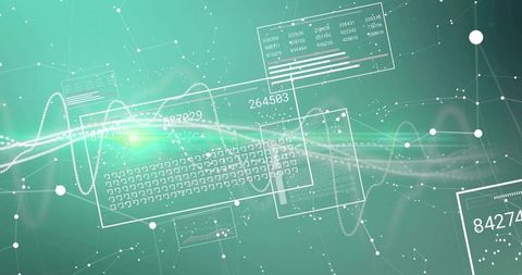 Glowing Holographic Keyboard Floating Over Waveform Data With Interactive UI Panels