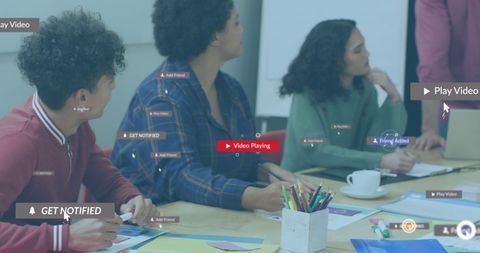 Diverse Professionals in Meeting with Digital Overlay